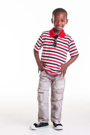Little boy dressed in stripes and denimの写真素材