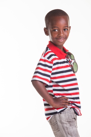 Little boy dressed in stripes and denimの写真素材