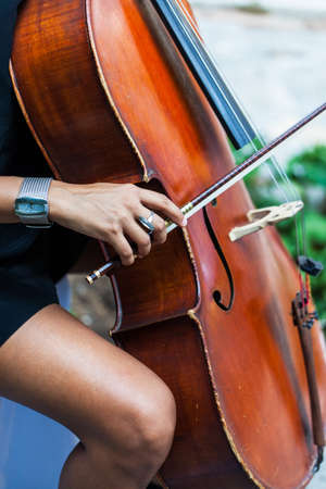 A young woman playing the violin before and during a wedding.の写真素材