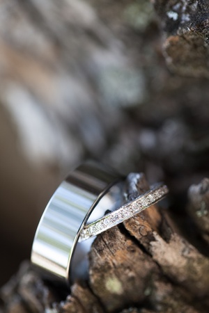 The rings of the bride and the groom being photographed in a tree.の写真素材