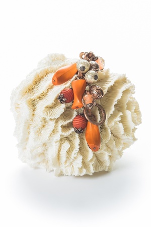 A piece of coral that displays a copper and orange necklace.の写真素材
