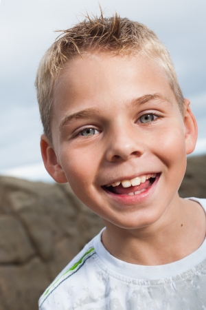 A close- up picture of a little boy.の写真素材