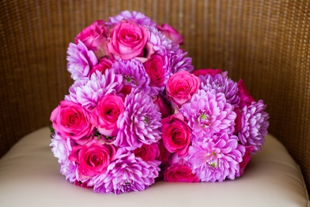 Three bouquets filled with beautiful pink flowers.の写真素材