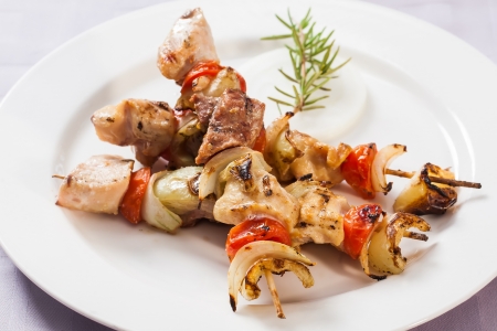 Sausati sticks that consists out of different pieces of meat, tomato. and onion.の写真素材
