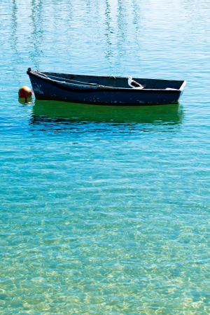 an old blue little row boat with a seagull soaking up the sun on its bench floating in the shallow translucent watersの写真素材