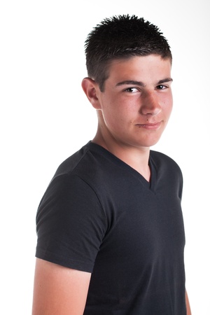 caucasian male brunette model in a black t-shirt smiling slightlyの写真素材