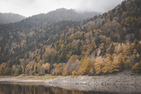 Lake Kruth-Wildestein in Vosges with low waterlevel and autumnal trees on mountains. dark moody skiesの写真素材