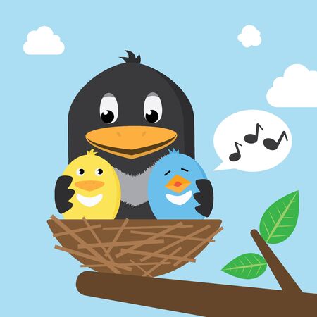 Happy Birds Family In The Nest Giving Hugのイラスト素材