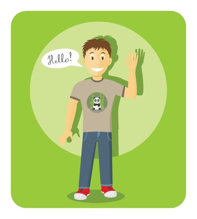 Smiling Boy Saying Hello And Showing Greeting Gestureのイラスト素材