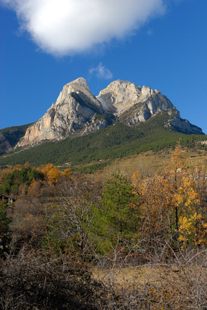 Iconic mountain in Catalonia seems to smoke.の写真素材