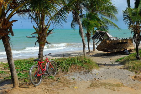 Bike and boat in a tropical beach.の写真素材