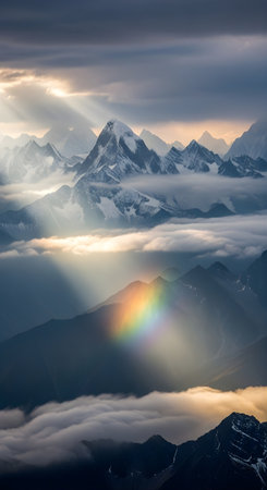 a breathtaking view of snow capped mountains and a rainbow in the distance with a cloudy sky above itの素材