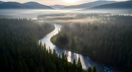 a winding river cuts through a misty forest, mountains in the distance, bathed in soft morning light. serene sceneの素材