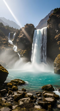 a stunning waterfall scene with vibrant blue water cascading down rocks surrounded by lush mountain sceneryの素材