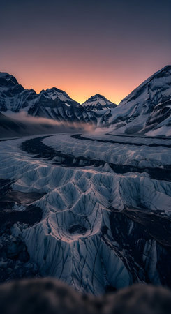 a breathtaking glacier landscape with snow capped mountains and a colorful sunset in the background skyの素材