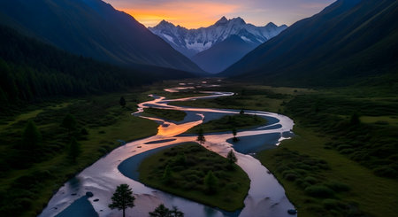 a winding river flows through a valley, mountains in the background, captured at sunset in a scenic landscapeの素材
