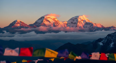 a scenic mountain range with prayer flags, snow capped peaks, and clouds at dawn with a colorful skyの素材