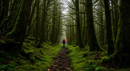 a lone hiker walks a mossy path through a dense forest with tall trees, creating a peaceful, green landscapeの素材