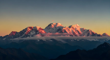 snow capped mountain peaks bathed in golden light with a blue sky and soft clouds at sunset or sunriseの素材