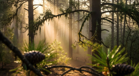 a forest scene with sunlight streaming through the trees, creating a beautiful and serene atmosphere view.の素材