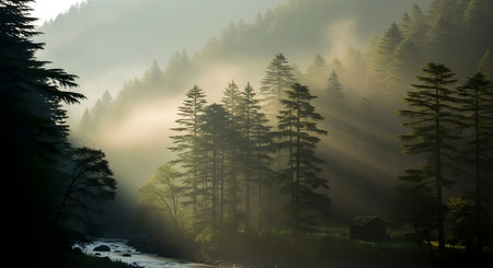 a scenic view of a misty forest with a river flowing through it, creating a peaceful and serene atmosphereの素材