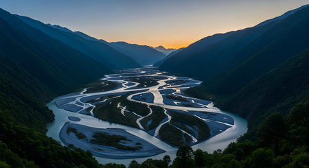 a scenic aerial view of a wide river winding through a valley, framed by mountains at twilight or sunriseの素材