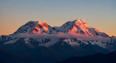 a scenic view of snow capped mountains at sunrise with clouds and a gradient sky in a natural landscapeの素材