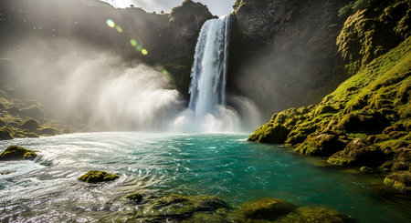 a beautiful waterfall plunges into a vibrant pool, framed by moss covered rocks and verdant vegetation.の素材