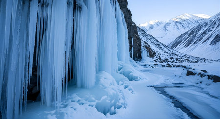 a captivating winter scene with a frozen waterfall and snow covered mountains under a clear blue sky above itの素材