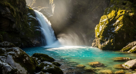 a vibrant waterfall plunges into a clear turquoise pool, surrounded by mossy rocks and lush green vegetationの素材