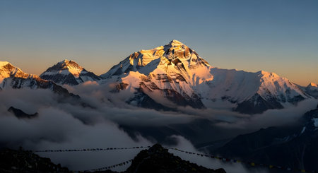 a snow covered mountain range is illuminated by sunlight with clouds and prayer flags in the foregroundの素材