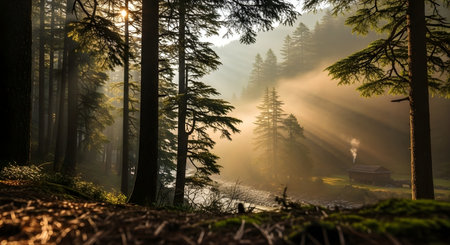 a forest scene with sunlight filtering through trees and a small cabin visible in the distance through the mistの素材