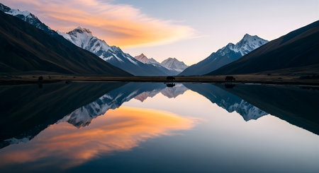a stunning reflection of snow capped mountains in a calm lake under a colorful twilight sky at dusk or dawnの素材