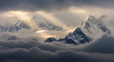 a majestic mountain range with snow capped peaks breaking through the clouds as sunlight filters through themの素材