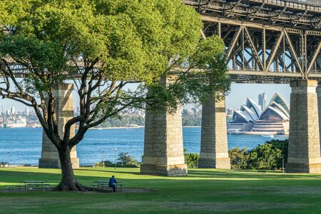 A lone man sits at a picnic table at Bradfield Park in Sydney, Australia.のeditorial素材