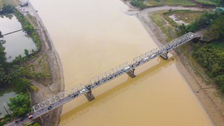 Cox's Bazar, Bangaldesh- August 3,2020: Aerial view of bridge over tiny river during monsoon seasonのeditorial素材