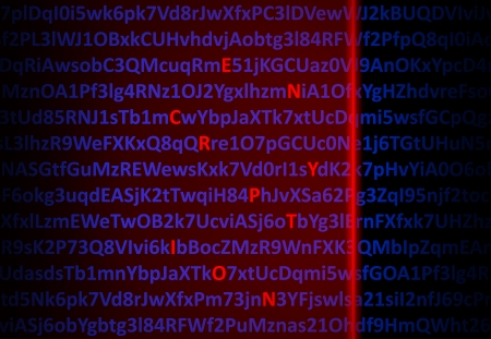 Encryption concept - red laser decrypting letters in middle of digital codeの写真素材