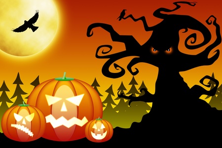 Illustration of halloween pumpkins in scary forestの写真素材