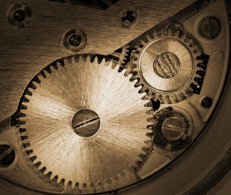 Close-up of old clock mechanism with gears