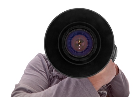 Photographer with big lens isolated on white backgroundの写真素材