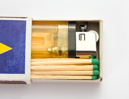 Cigarette lighter and matches in matchboxの写真素材