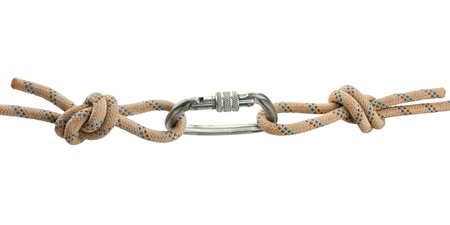 Climber's rope with carbine isolated on whiteの写真素材
