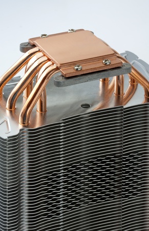 Close-up of modern computer processor cooler with copper pipesの写真素材