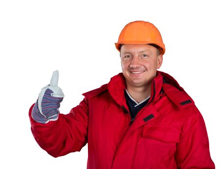 Happy worker isolated on whiteの写真素材