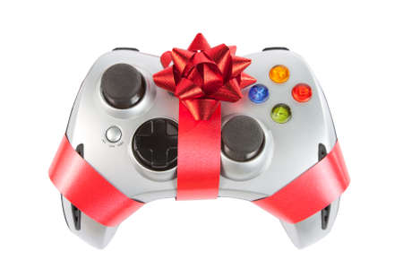 Joystick with red ribbon and bow isolated on white