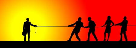 Silhouette of businessman and team pulling the ropeの写真素材