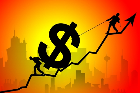 Silhouette of business team moving up the dollar symbol against cityの写真素材