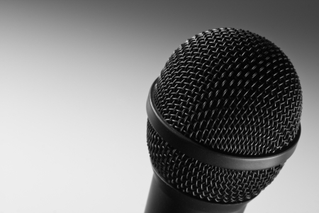 Close-up view of a modern black microphoneの写真素材