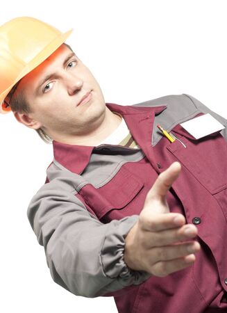 Worker giving a hand for handshake on whiteの写真素材