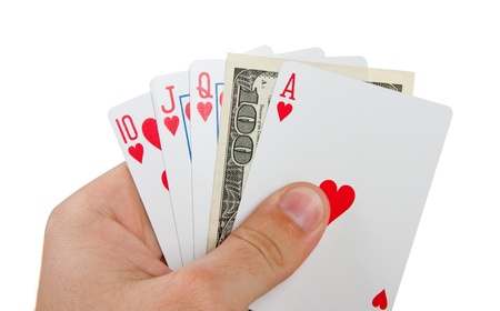 Royal flush with $100 in hand. Isolated on white